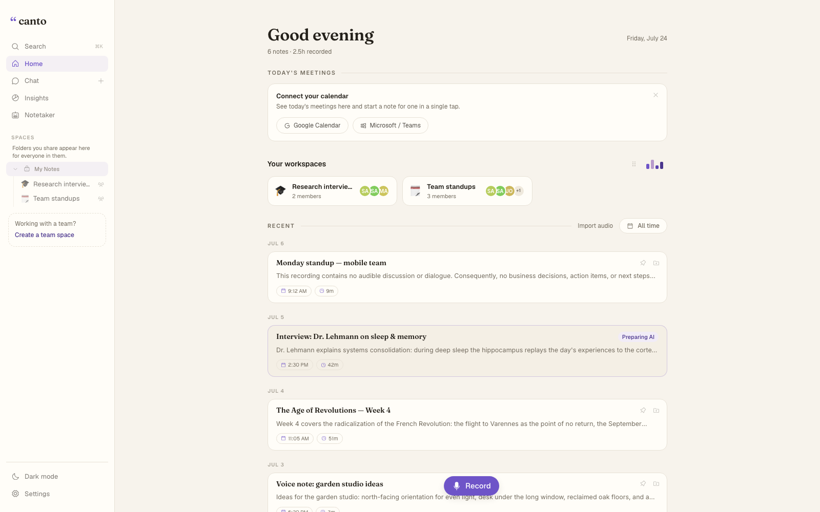 The Canto home screen on desktop: today's meetings, workspaces, and recent recordings